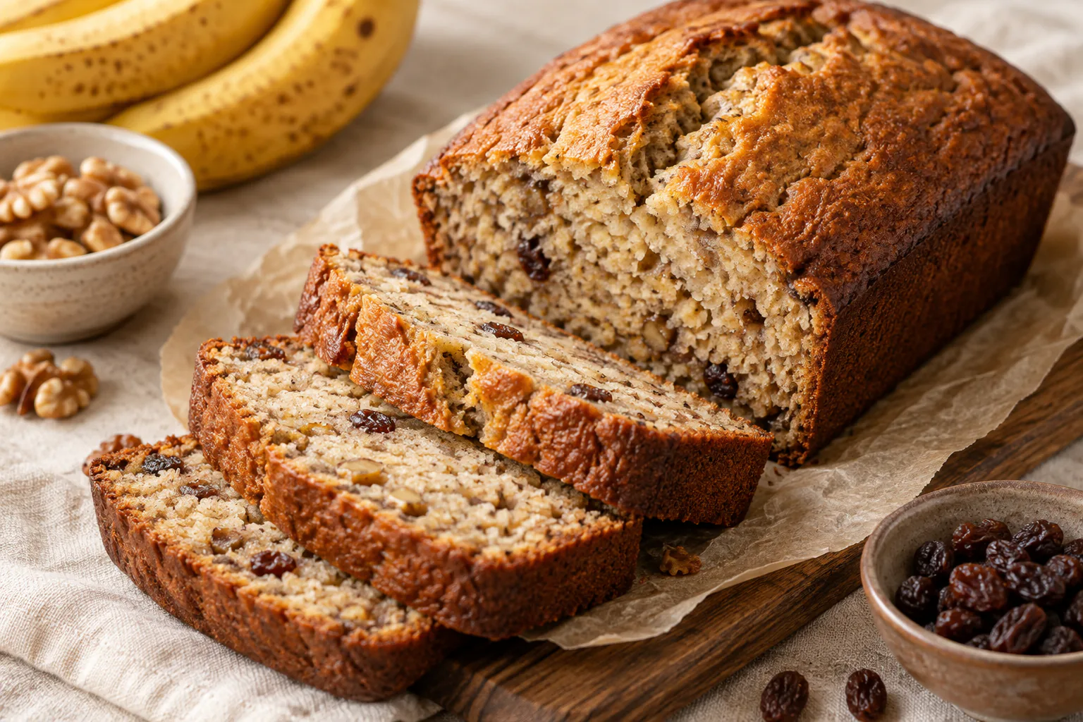 Gluten-free banana bread with walnuts and raisins, sliced on a warm neutral surface
