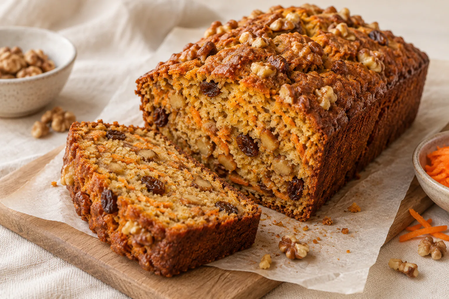 Gluten-free carrot loaf cake with walnuts and raisins