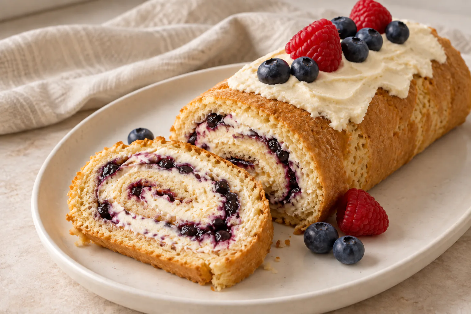 Homemade fruit sponge roll with berry jam, mascarpone cream spread on top and fresh berries