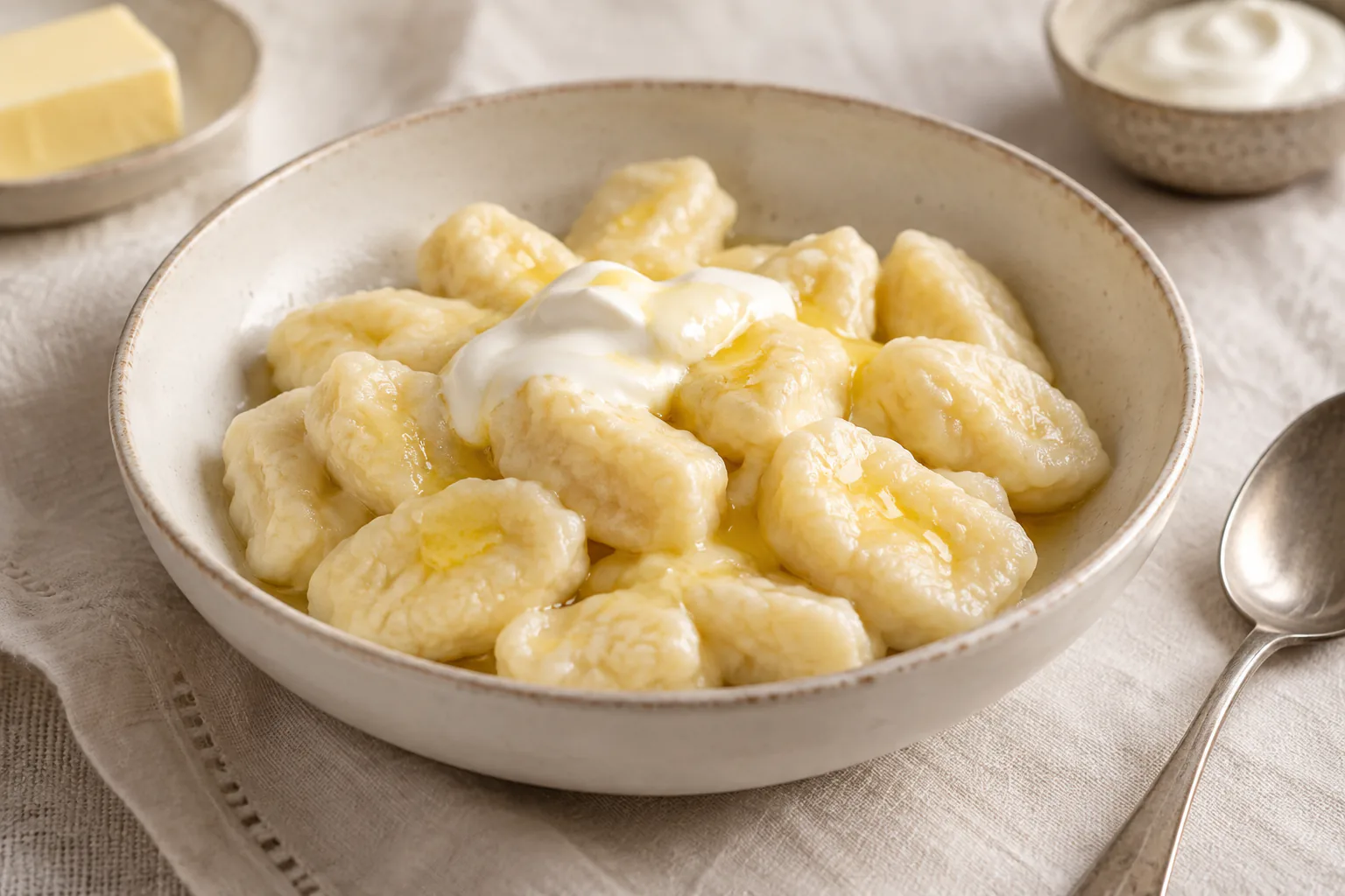 Ukrainian lazy curd cheese dumplings with sour cream and butter