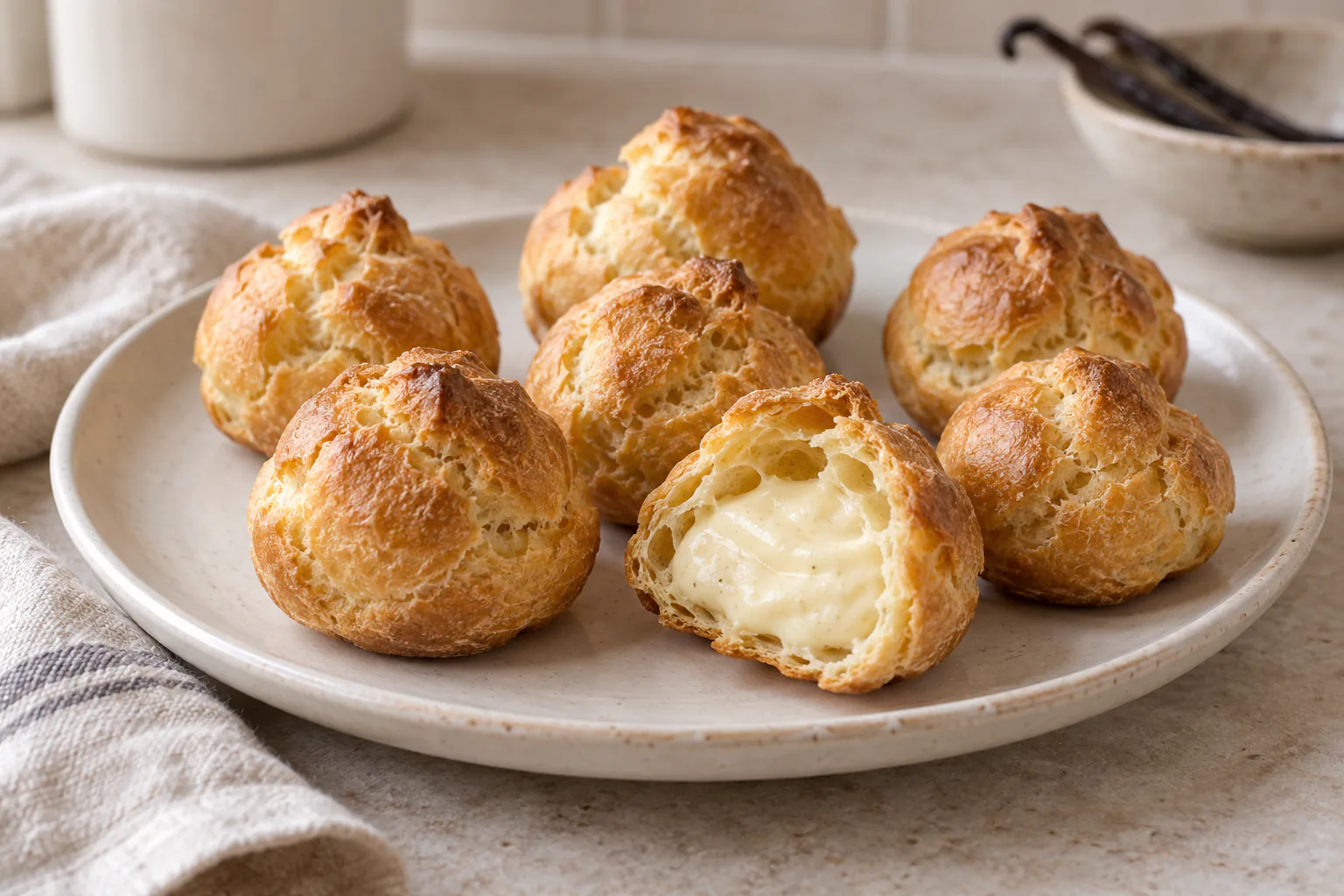 Golden gluten-free profiteroles with one cut open to show vanilla cream